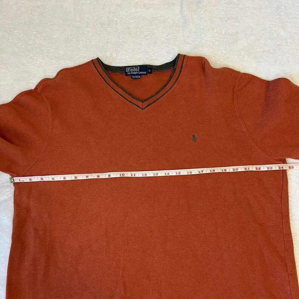 Polo Ralph Lauren Men Orange V-Neck Long Sleeve Casual Cotton Pullover Sweater L